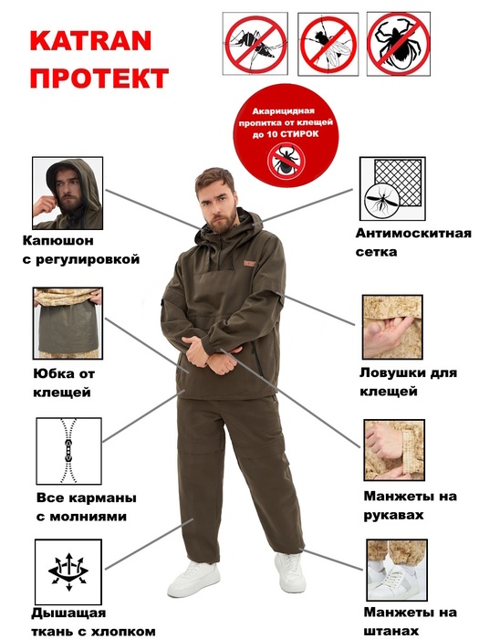 фото Костюм противоэнцефалитный антимоскитный KATRAN Протект (Твил, олива)