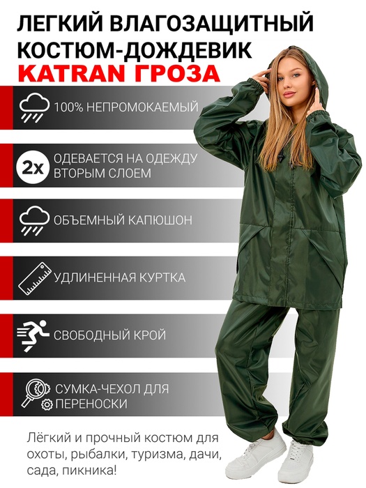 фото Дождевик женский пончо накидка KATRAN ГРОЗА (Оксфорд, хаки)