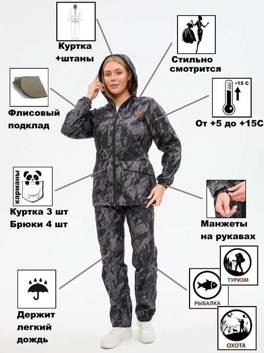 фото Женский демисезонный костюм KATRAN ВОЛГА (полофлис, черный КМФ)