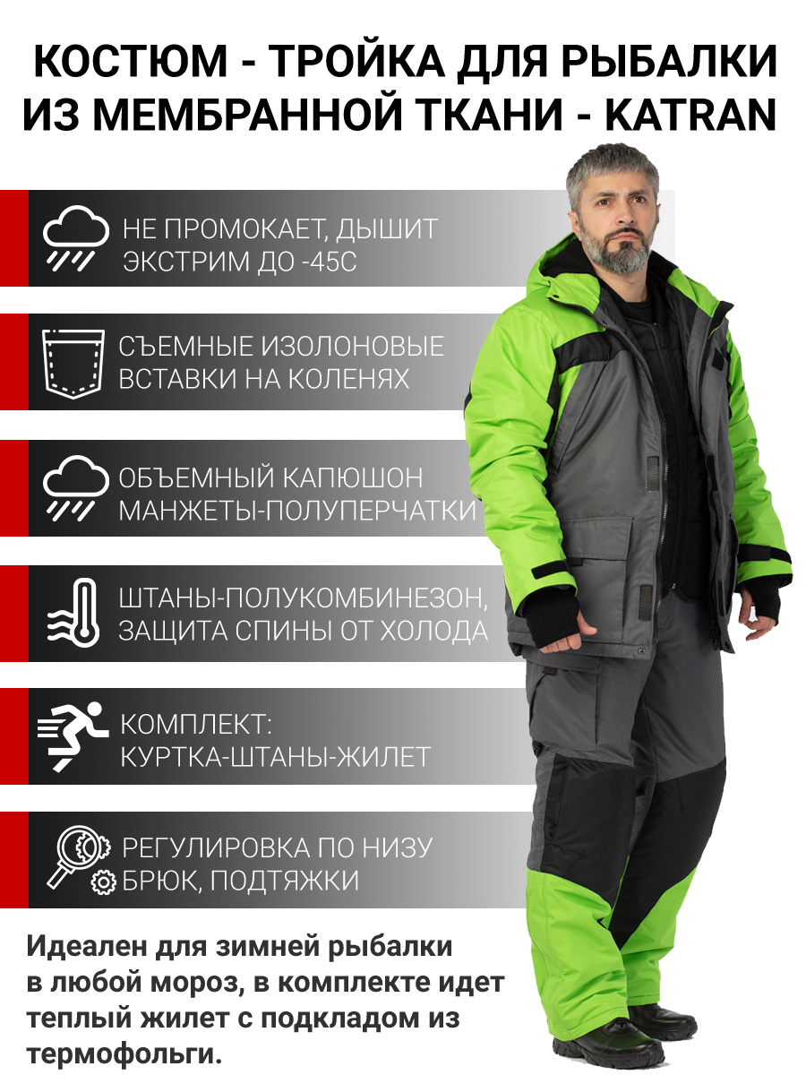 Зимний костюм-тройка для рыбалки KATRAN НОРД -45С (Таслан, серый/зелёный)полукомбинезон